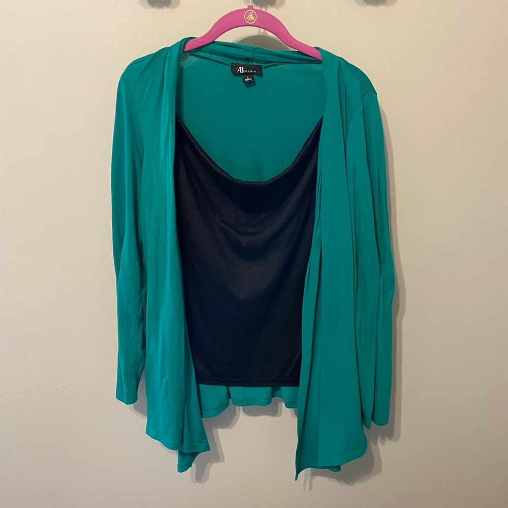 Green cardigan with built in black shirt.